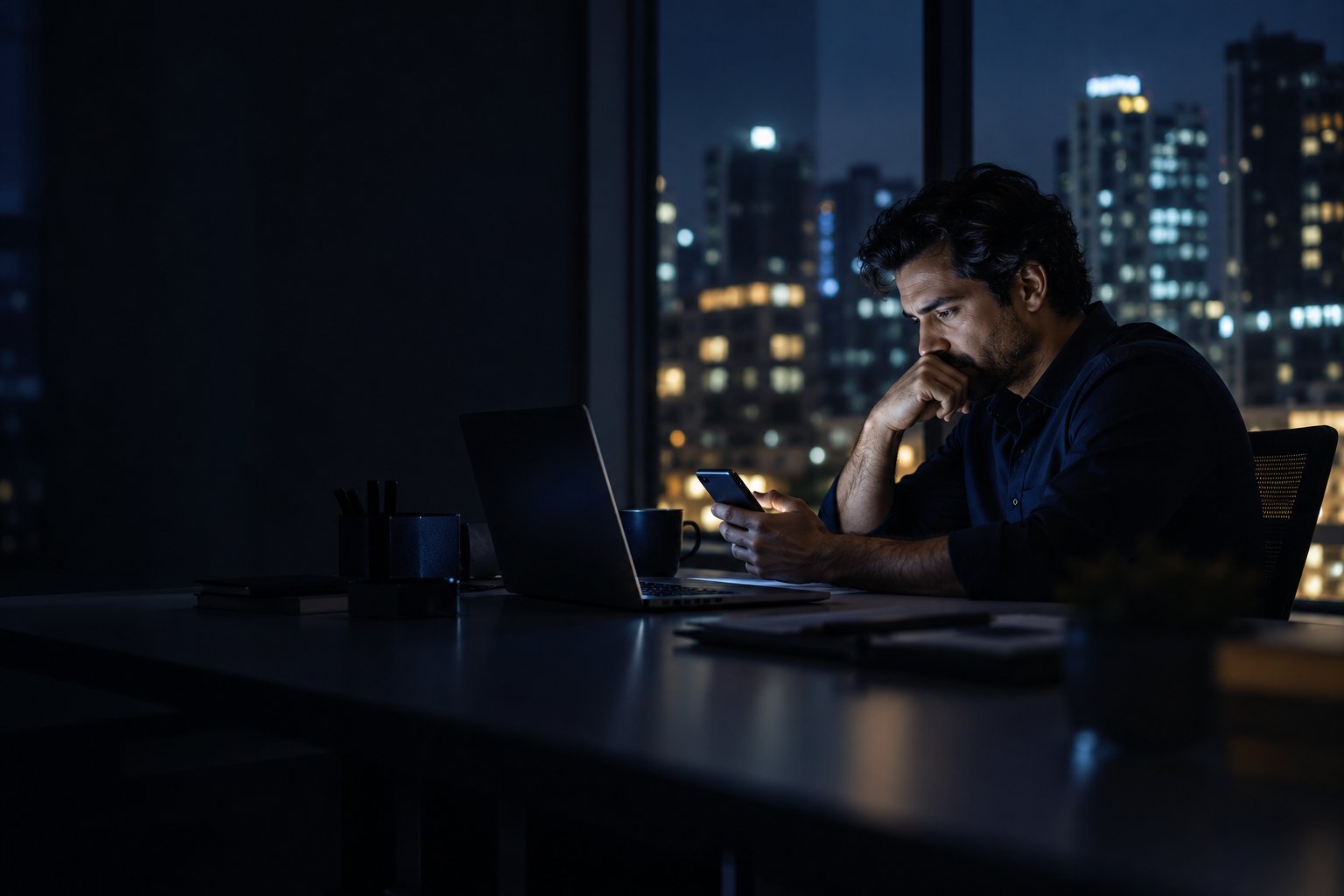 Empresário sozinho no escritório à noite, olhando o celular