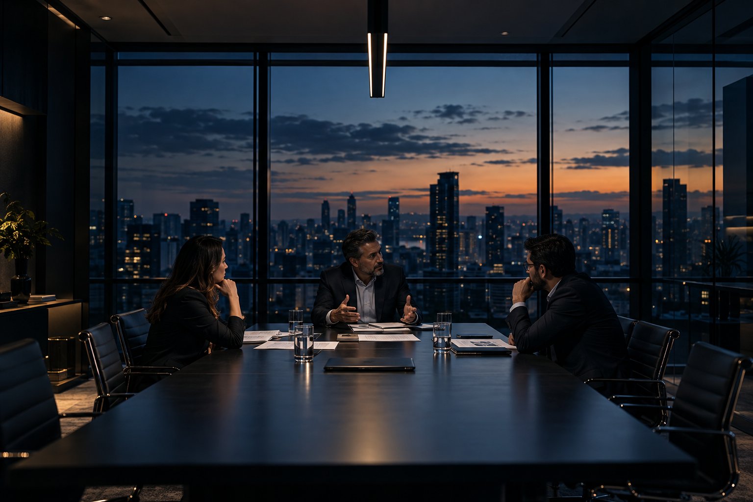 Reunião de estratégia em sala com vista para a cidade
