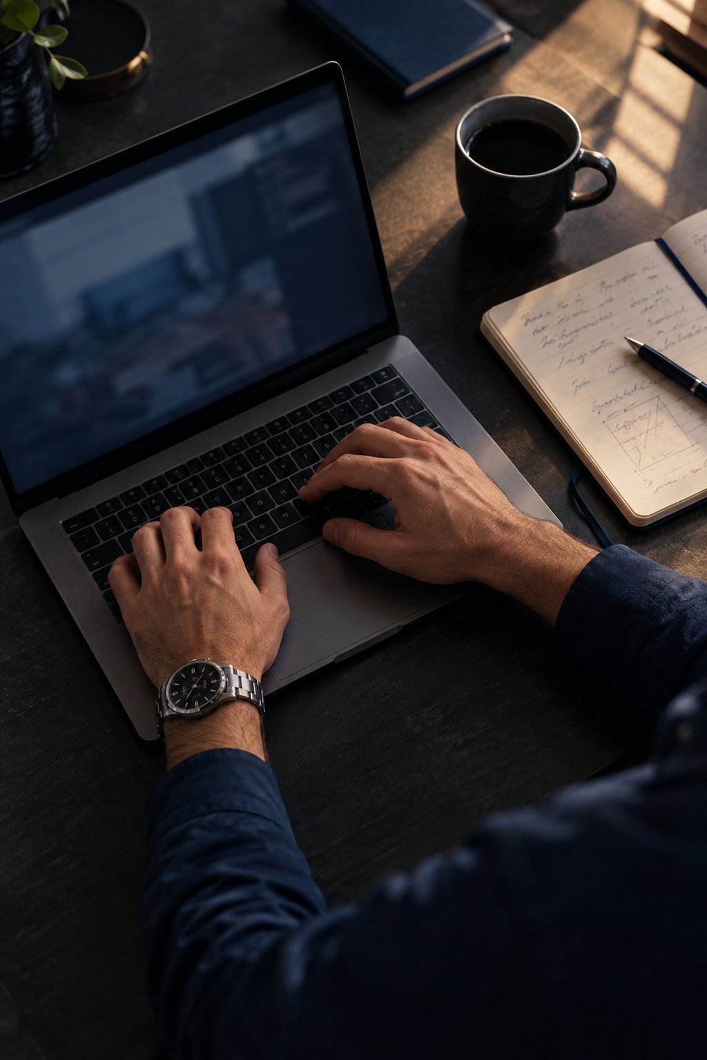 Mãos digitando no notebook ao lado de um café