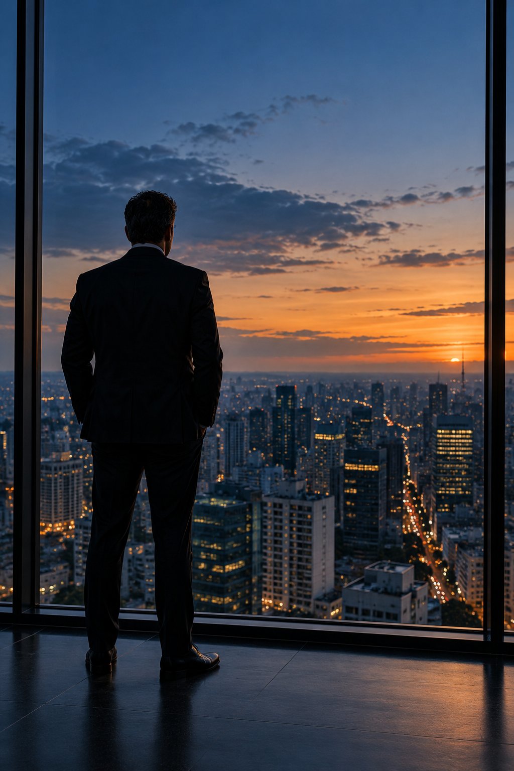 Homem de costas olhando a cidade ao entardecer
